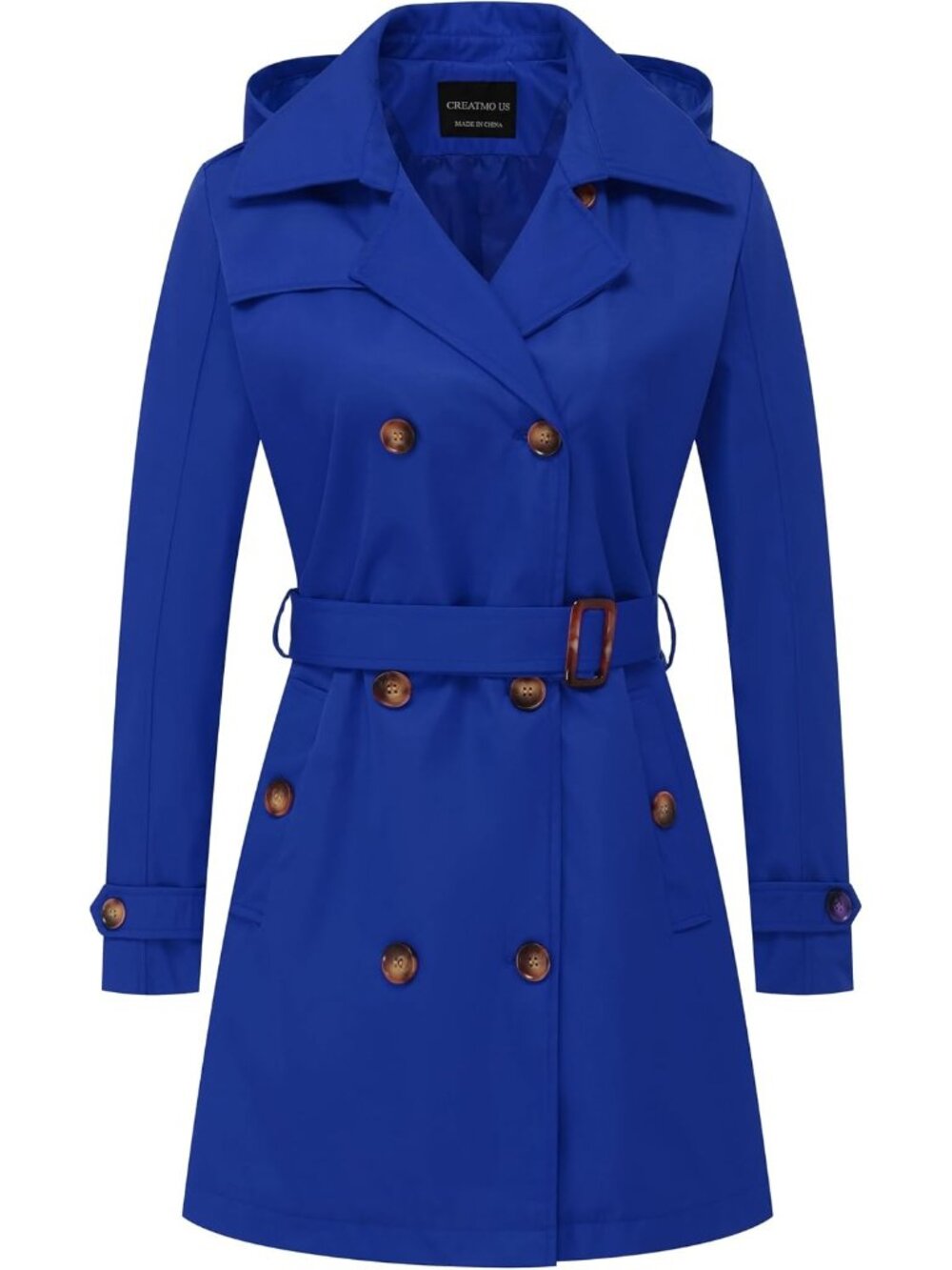 Women's Royal Blue Cuff Sleeve Detachable Hood Double-Breasted Trench Coat